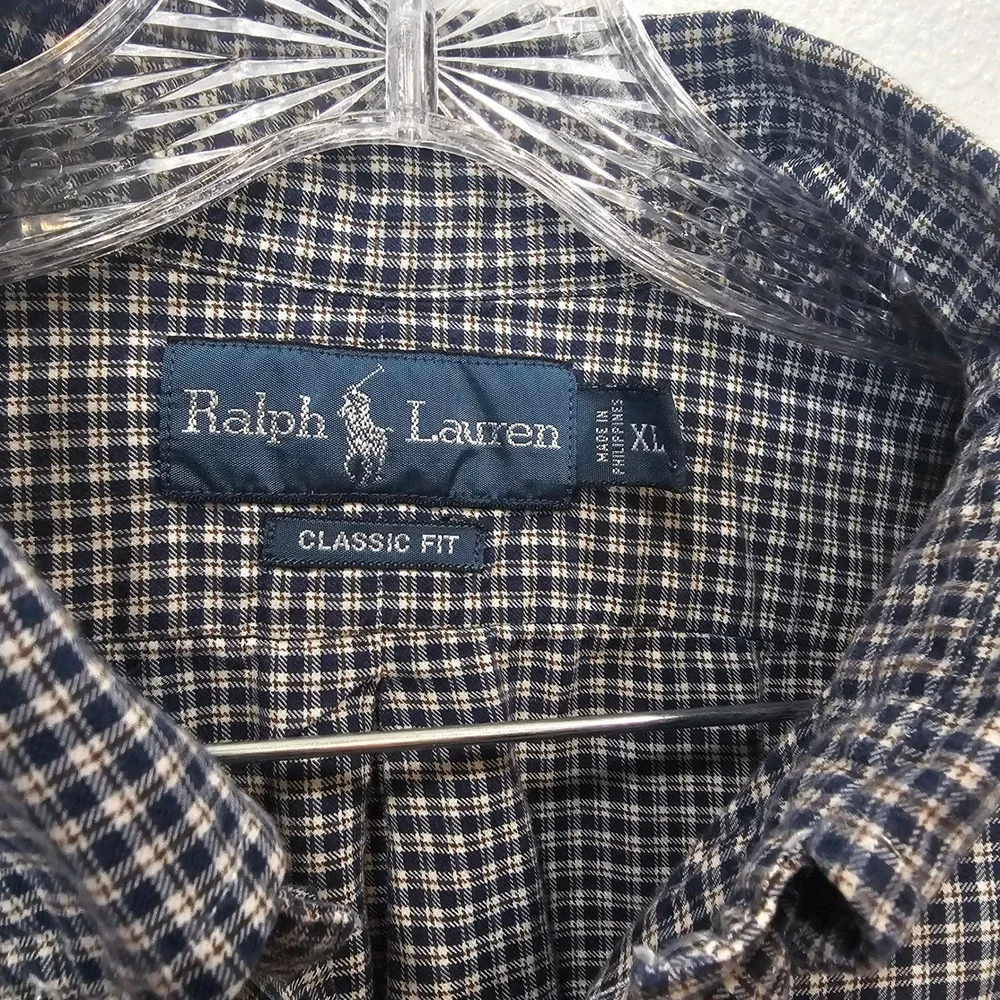 Ralph Lauren Mens XL‎ Classic Fit Shirt Navy Blue White Micro Check Long Sleeve